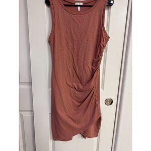 Leith Gathered Basic Bodycon Short Mini Dress Cotton Blend Orange Rust M